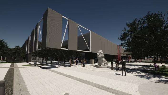 MG SportsPlex rendering of front entrance with lion